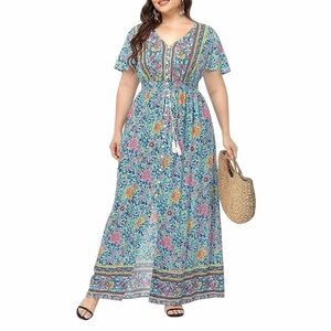 NWT PINUP FASHION Plus Size Floral Boho V-neck  Flutter-Sleeve Maxi Dress, 26W